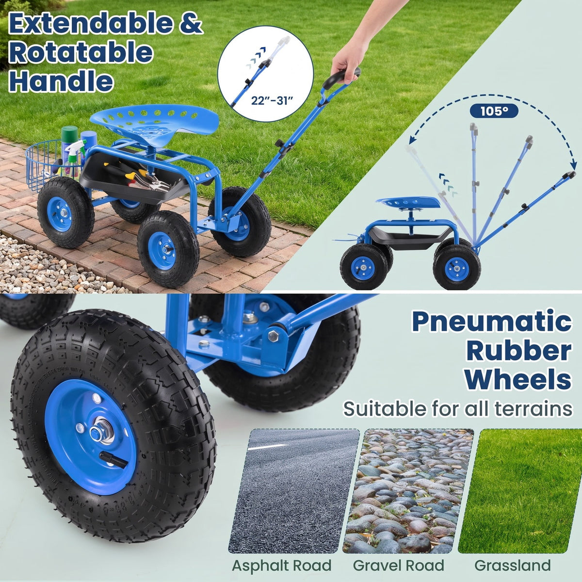 Airfind Heavy Duty Garden Cart with Tool Tray and 360 Swivel Seat, 330 lbs Capacity, Steel Rubber Plastic Frame, 38 x 17 x Footprint, Blue