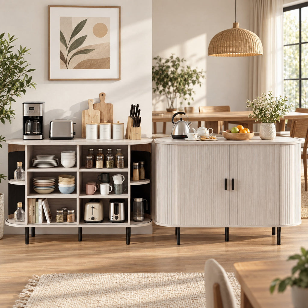 Airfind 47 Inch Fluted Sideboard Buffet Cabinet with Tambour Sliding Doors and Metal Legs, Engineered Wood MDF Metal Plastic Frame, Grey