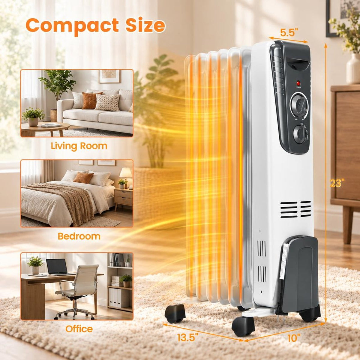 Airfind 1500W Electric Space Heater with Adjustable Thermostat, White, Size 14in x 6in x 23in (L x W x H), Fins width 6in