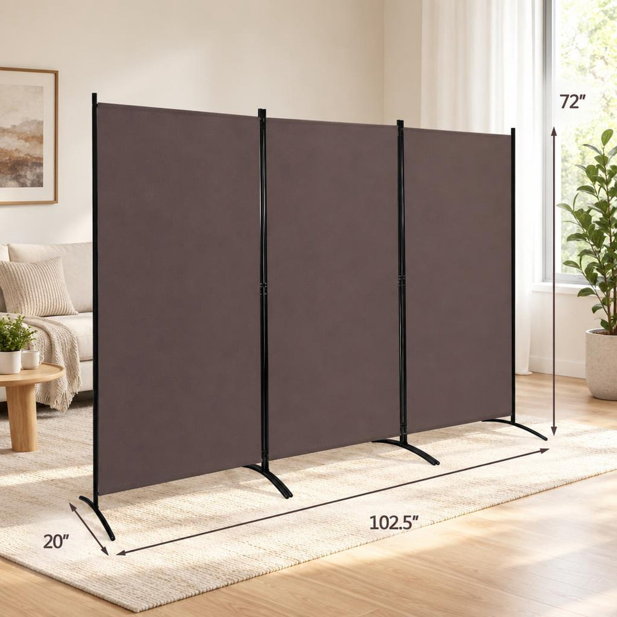 Airfind 3-Panel Room Divider Folding Privacy Partition Screen for Office Room, Polyester steel Opening Frame, 8.5 ft x 6 ft Footprint, Brown