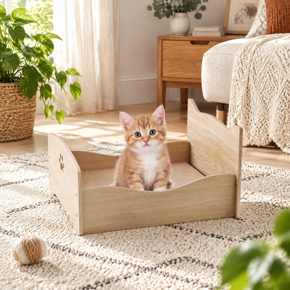 Airfind Elevated Pet Bed Frame with Rails and Cute Headboards, 44 lbs Capacity, MDF Particle Board Frame, 21 x 18 x 20 Suitable Footprint, Walnut