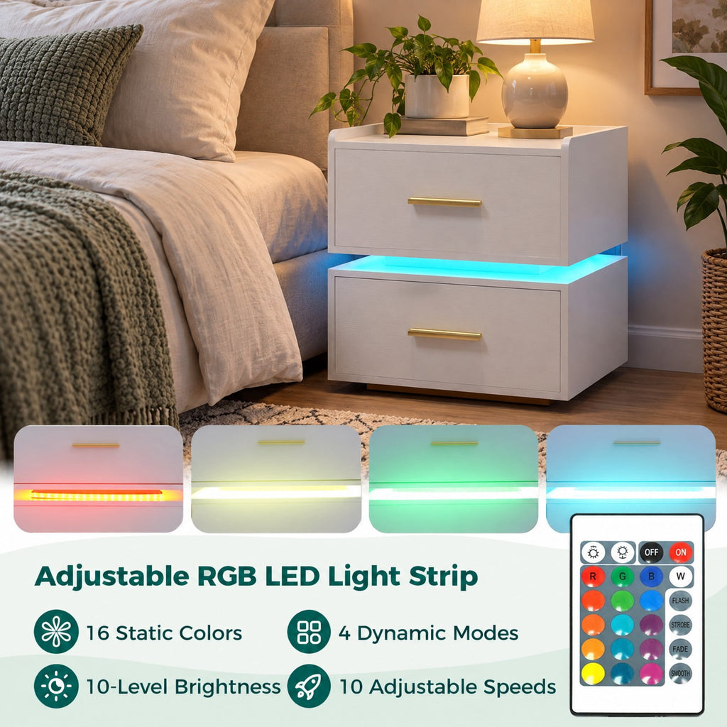 Airfind Nightstand with Charging Station LED Bedside Table with 2 Storage Drawers, 77 lbs Capacity, Engineered Wood MDF Metal Frame, White