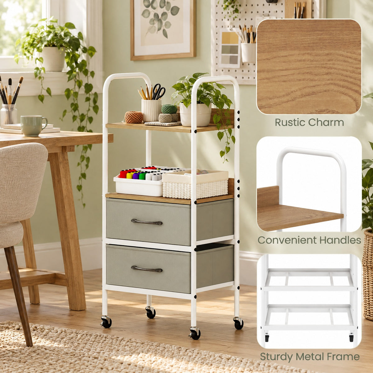 Airfind Rolling Utility Storage Cart with 2 Open Shelves and 2 Fabric Drawers, 22 lbs Capacity, Metal Engineered Wood Non-woven Fabric Frame