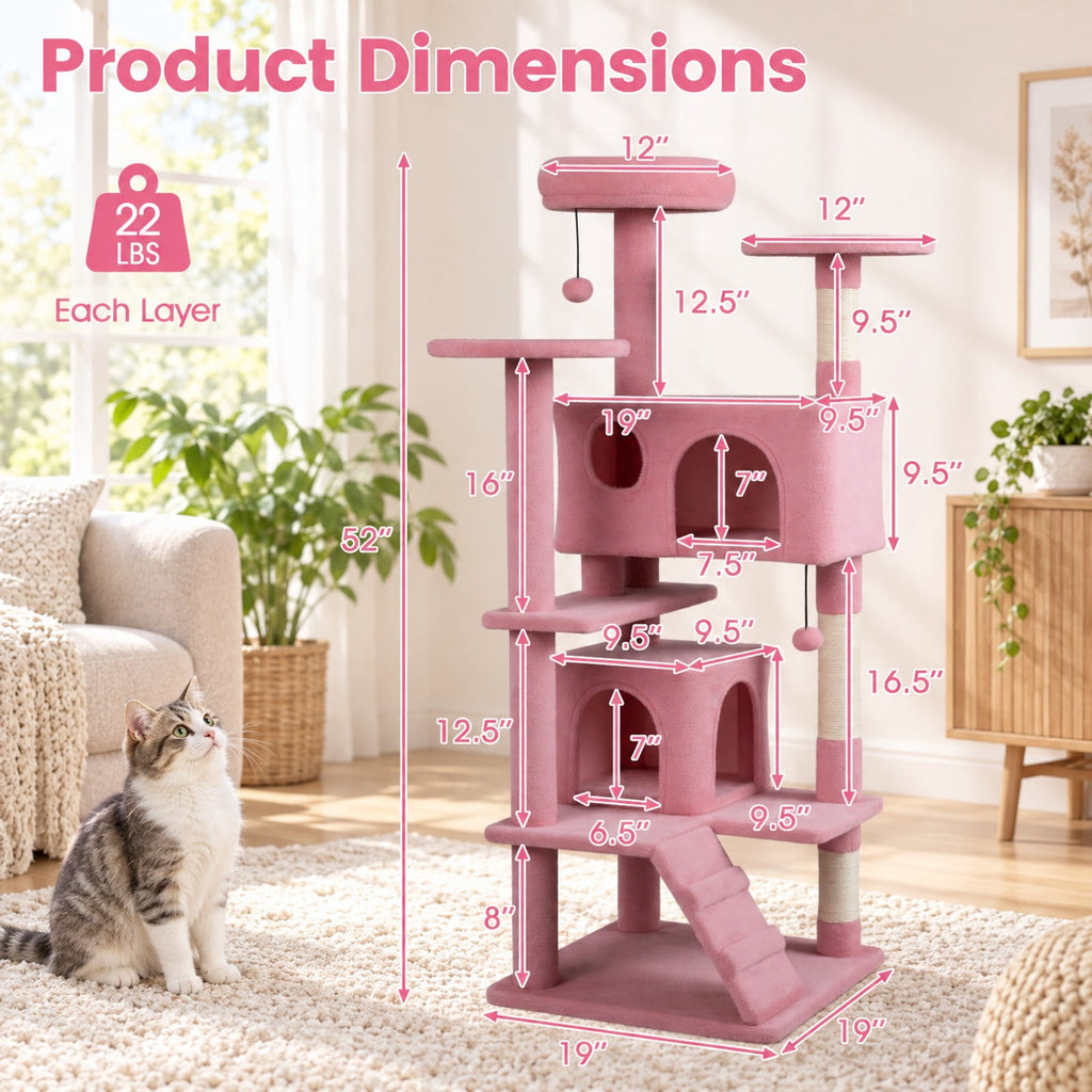 Airfind 52 Inch Tall Cat Tree Tower for Indoor Cats, 22 lbs Capacity, Engineered Wood Sponge Plush Fabric Sisal Frame, Pink