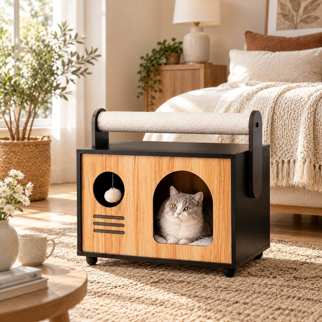 Airfind Wooden Cat House with Scratching Post, 33 lbs Capacity, Engineered Wood Frame, 19 Inch x 12 Inch x 17.5 Inch Height of Cat House 12 Inch Footprint, Black