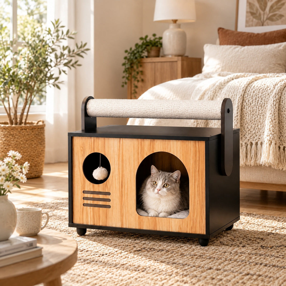 Airfind Wooden Cat House with Scratching Post, 33 lbs Capacity, Engineered Wood Frame, 19 Inch x 12 Inch x 17.5 Inch Height of Cat House 12 Inch Footprint, Black