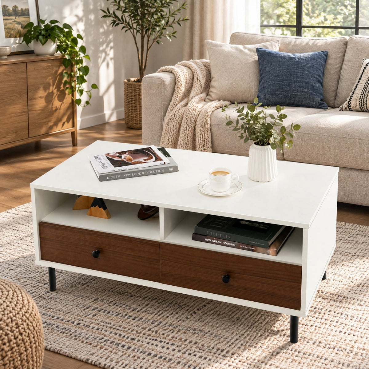 Airfind 2 Tier 40 Inch Length Modern Rectangle Coffee Table with Storage Shelf and Drawers, 200 lbs Capacity, Engineered Wood MDF Frame, White