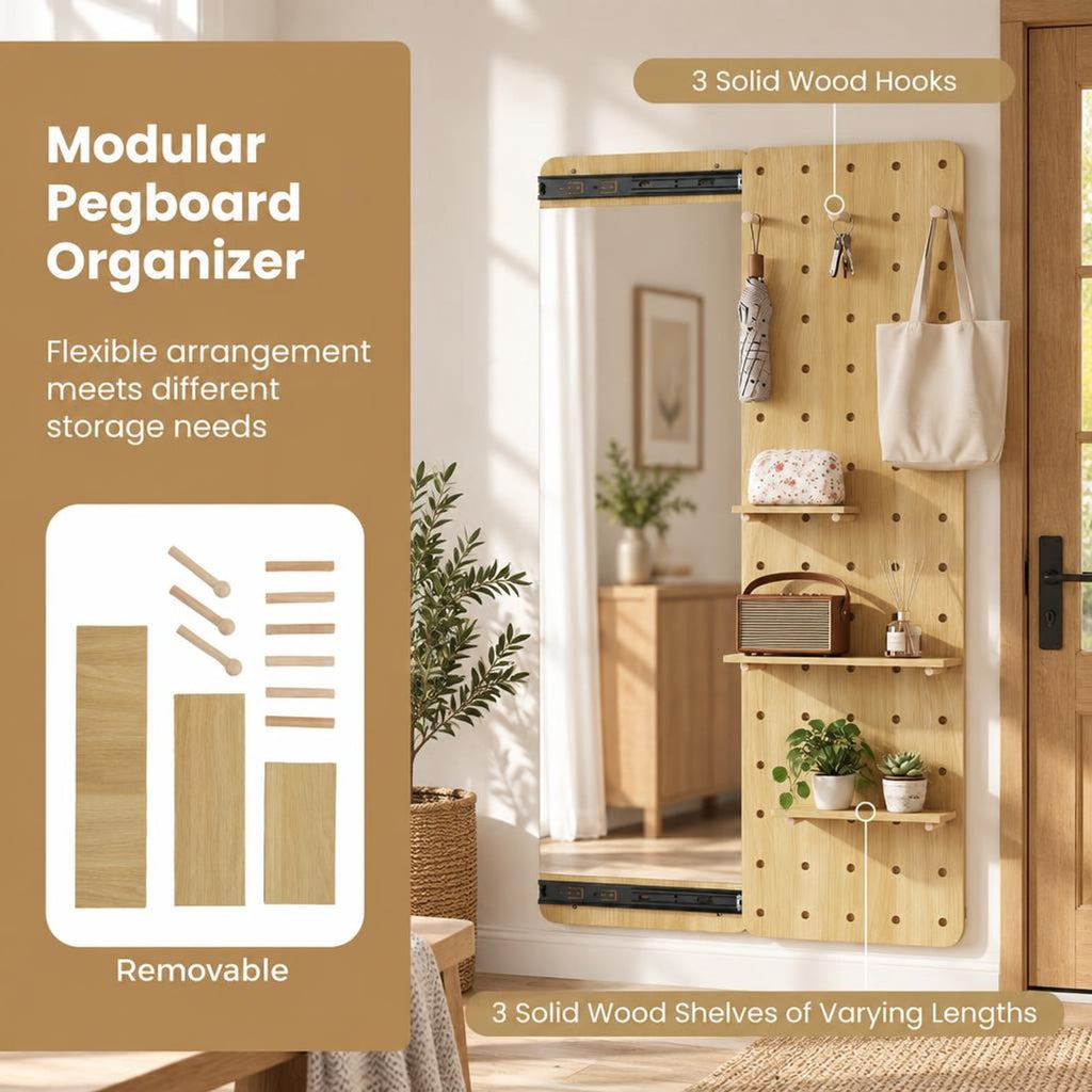 Airfind Solid Wood Full Length Mirror with Pegboard Shelves and Hooks for Entryway, Solid Wood Glass Frame, 16 x 5.5 x 55 Footprint, Natural