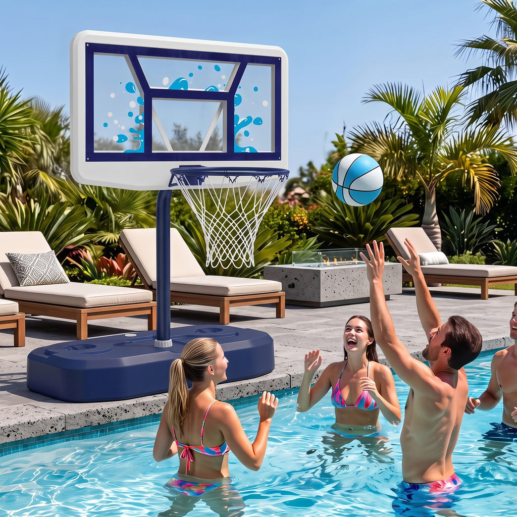 Airfind Pool Basketball Hoop Set with 2 Balls and Inflation Pump, Poolside Water Basketball Game with Weighted Base and Shatterproof PC Backboard for Indoor, Navy