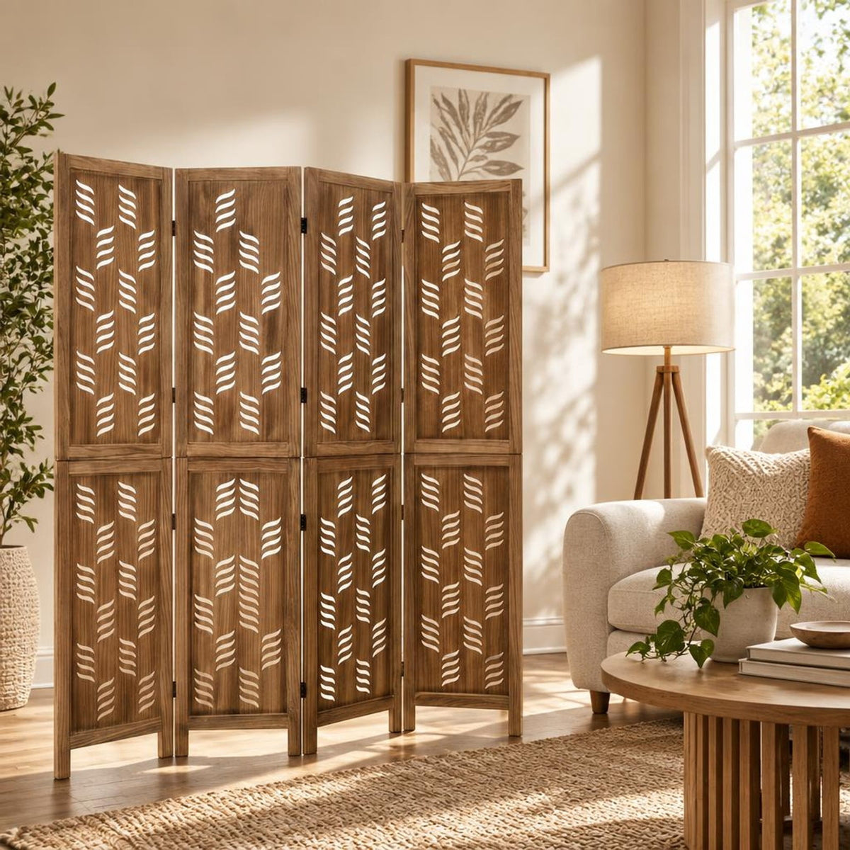 Airfind 5.5 FT Tall Room Divider 4 Panels with Wave Cutout Paulownia Frame for Room, Paulownia Wood Metal Frame, 62 x 67 Footprint, Brown