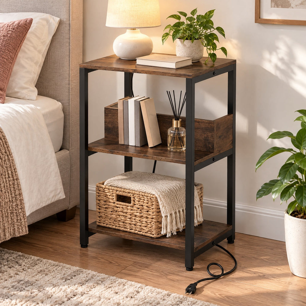 Airfind Side End Table with Charging Station and Open Shelves, 66 lbs Capacity, Engineered Wood Metal Frame, 16 x 12 x 24 Footprint, Brown