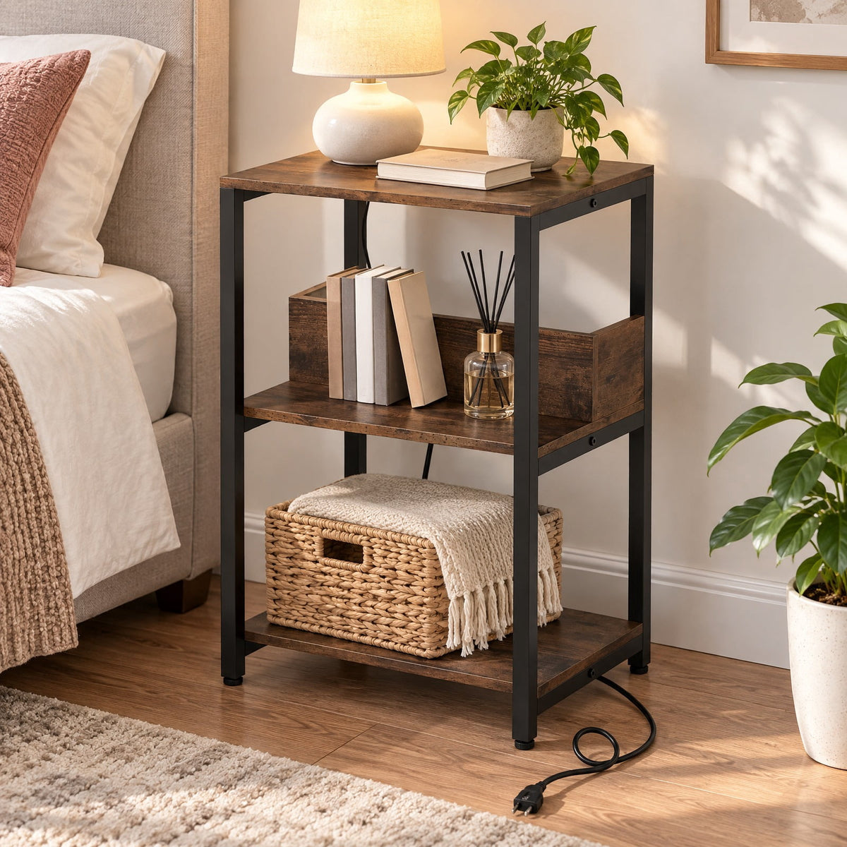 Airfind Side End Table with Charging Station and Open Shelves, 66 lbs Capacity, Engineered Wood Metal Frame, 16 x 12 x 24 Footprint, Brown