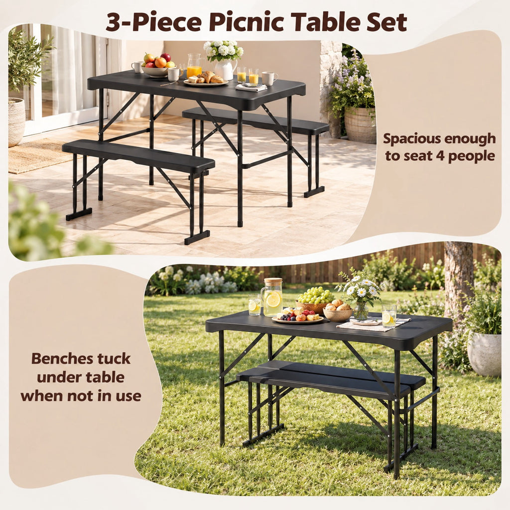 Airfind Outdoor Folding Table Bench Set w All-Weather HDPE Tabletop and Sturdy Metal Frame, 120 kg Capacity, HDPE Metal Frame, Black