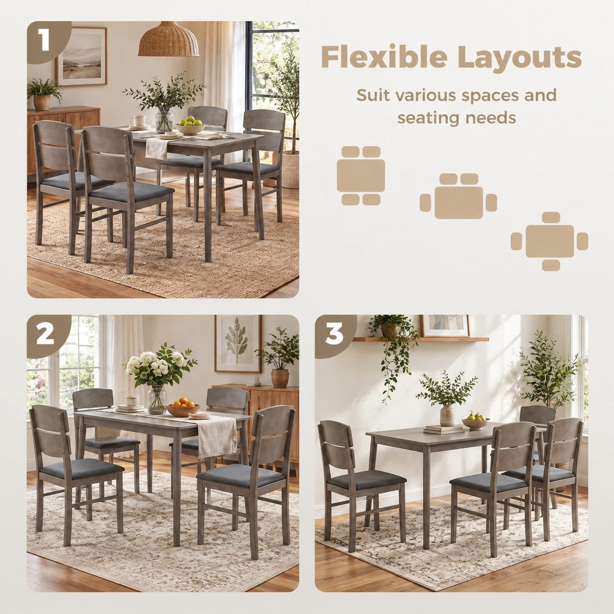 Airfind 5-Piece Dining Set featuring High Curved Backs for 4 People, 175 lbs Capacity, Rubber Wood MDF Plywood Polyester Fabric Sponge Frame, Gray