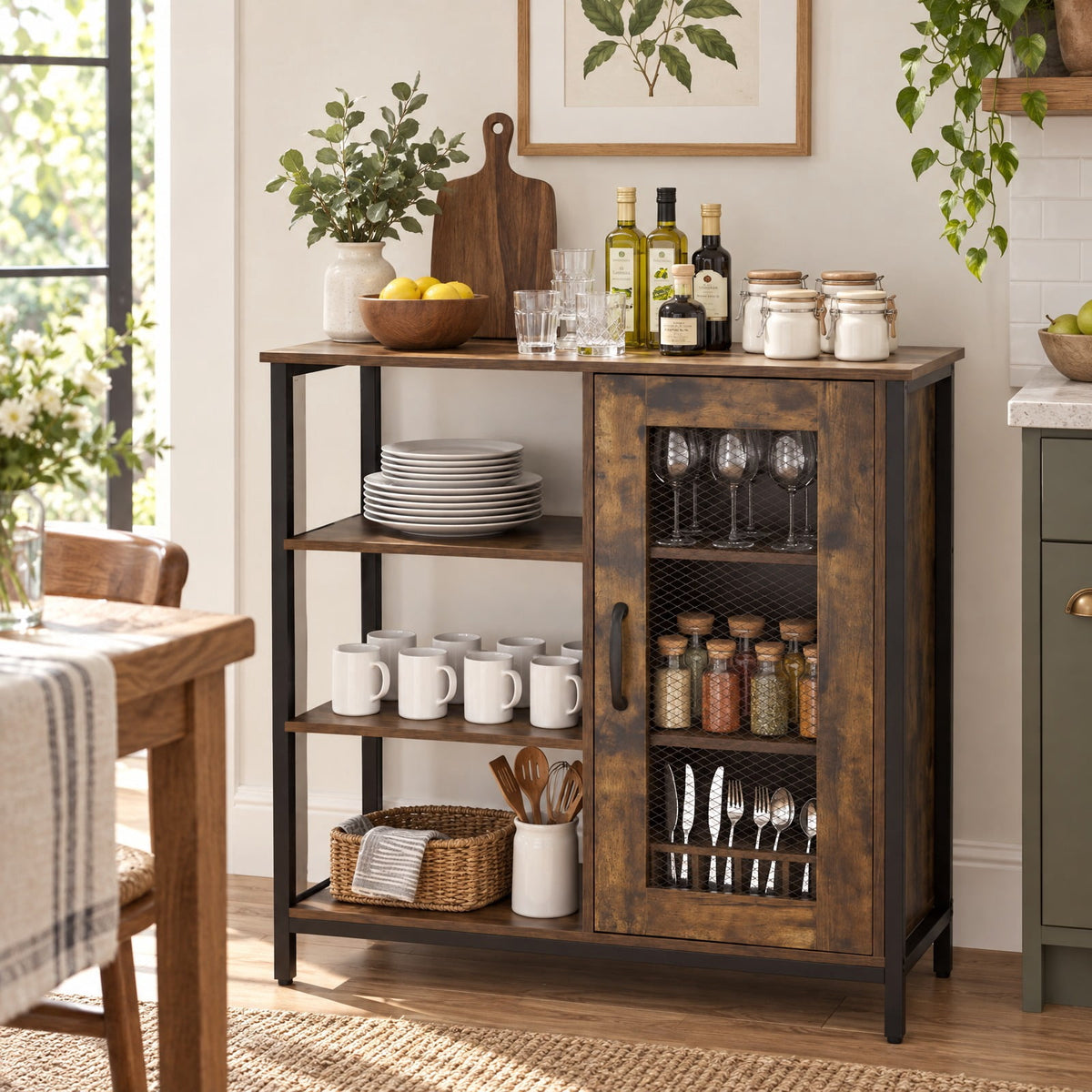 AIRFIND Storage Cabinet with Mesh Door, 3 Open Shelves and 2 Adjustable Interior Shelves, 27.5 in Industrial Buffet Sideboard, Rustic Brown