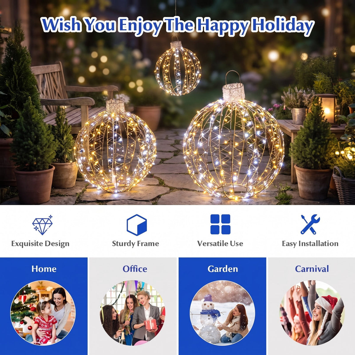 Airfind 3 Pack Christmas LED Light Balls with Cable Ties and 6 Stakes, Iron, 20.47 x 20.47 x 23.62 inch, Gold for Home, Patio and Everyday Use