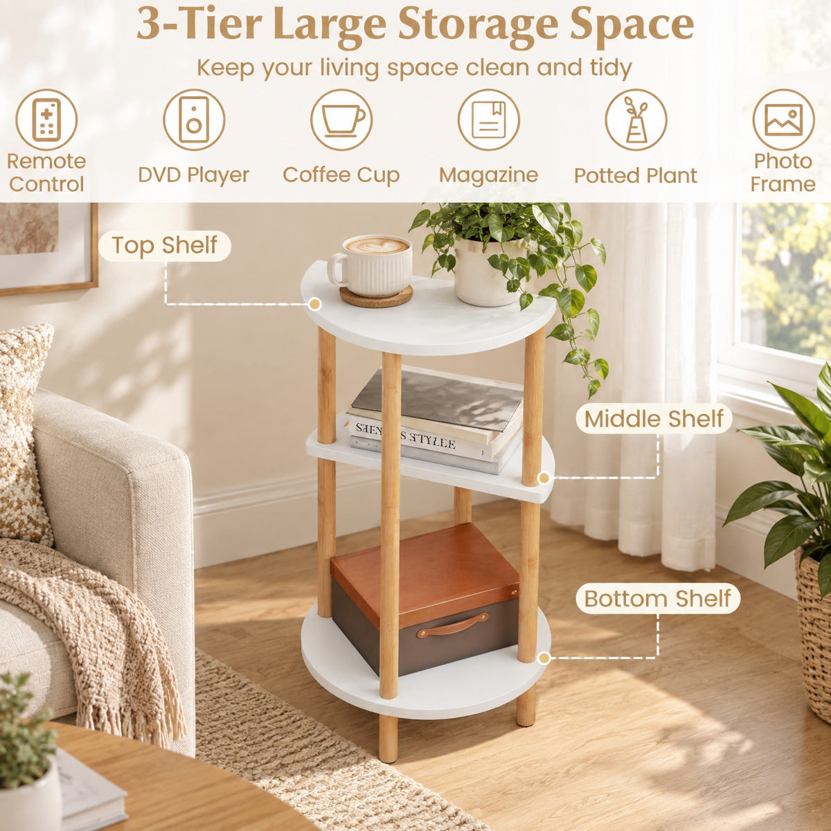 Airfind Set of 2 Round Side Table Compact with 3-Tier Shelves and Bamboo Construction, 11 lbs Capacity, Bamboo Frame, White