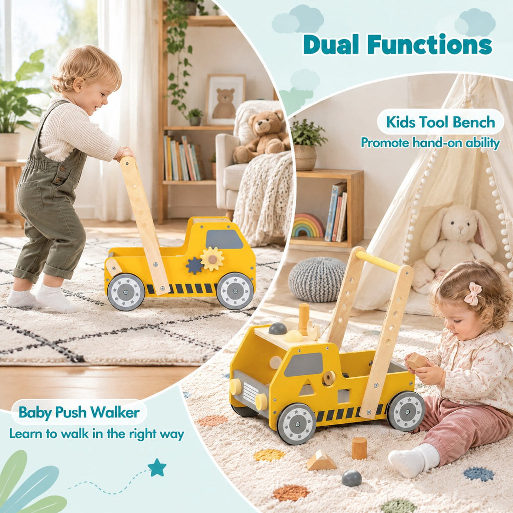 Airfind 2-in-1 Wooden Baby Walker with Adjustable Speed and Bottom Storage, MDF Frame, for 3+ Years Old, 16in x 12.5in x 16.5in Footprint, Yellow