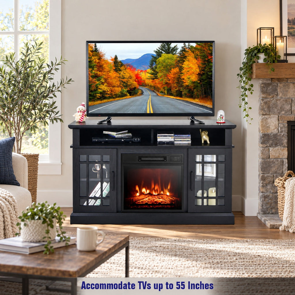 Airfind 48 Inch Electric Fireplace TV Stand with Cabinets for TVs up to 55 Inch, 70 Lbs Capacity, 48 Inch X 16 Inch X 30 Inch, Black
