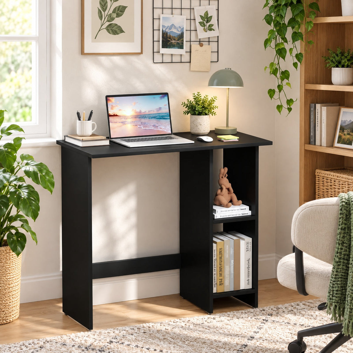 Airfind Small Computer Desk with Storage and Adjustable Shelf, Black, Reinforced crossbar ensures reliable structure