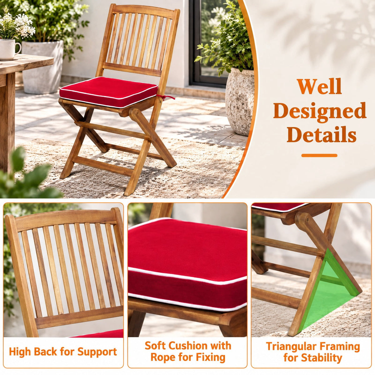 Airfind 3 Pieces Patio Folding Bistro Set with Padded Cushion and Round Coffee Table, 360 lbs Capacity, Acacia wood Frame, Red