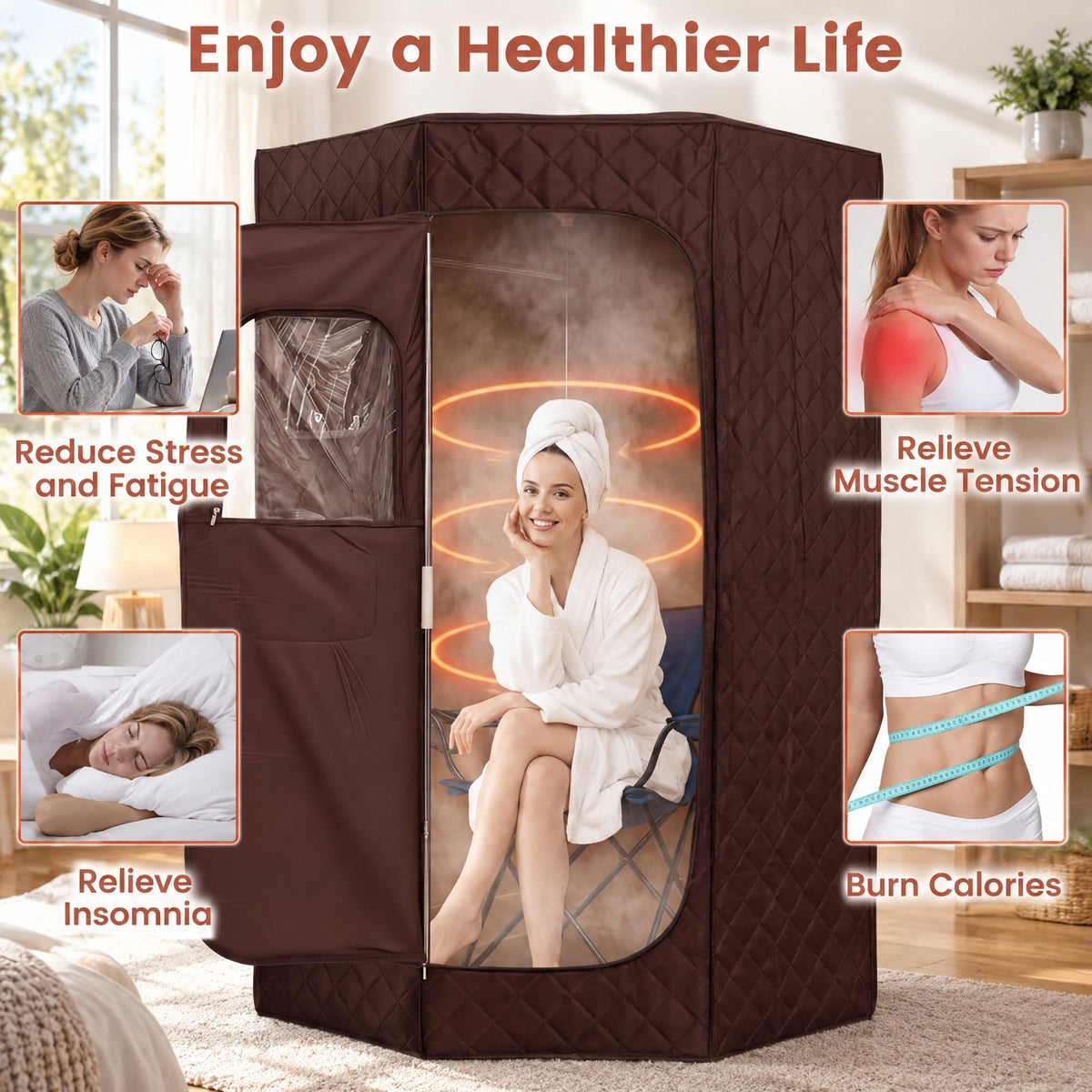 AIRFIND Portable Steam Sauna with 3 L Steamer, 9 Heat Levels, 15-99 Minute Timer, Remote Control, Folding Chair and Floor Mat, Brown
