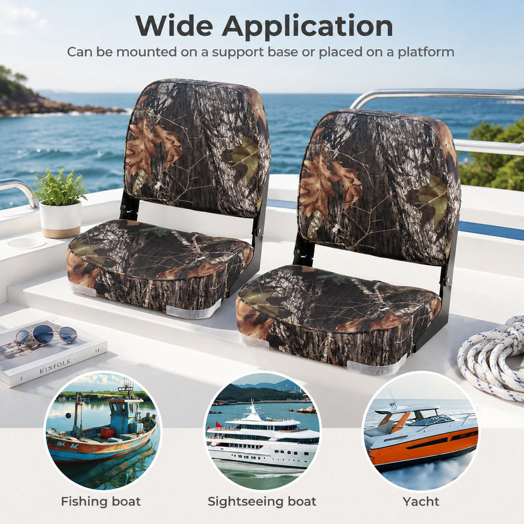 Airfind 2 Pack Folding Low Back Boat Seats with Cushioned PVC Leather and Aluminum Hinges for Fishing Boats and Marine Cabin Seating, Camouflage