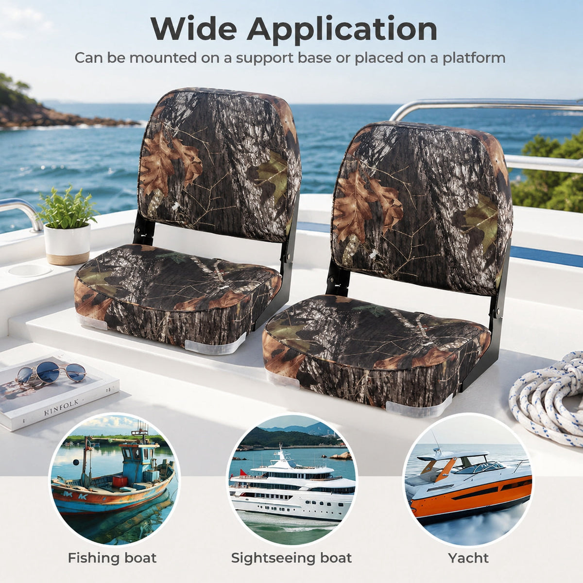 Airfind 2 Pack Folding Low Back Boat Seats with Cushioned PVC Leather and Aluminum Hinges for Fishing Boats and Marine Cabin Seating, Camouflage