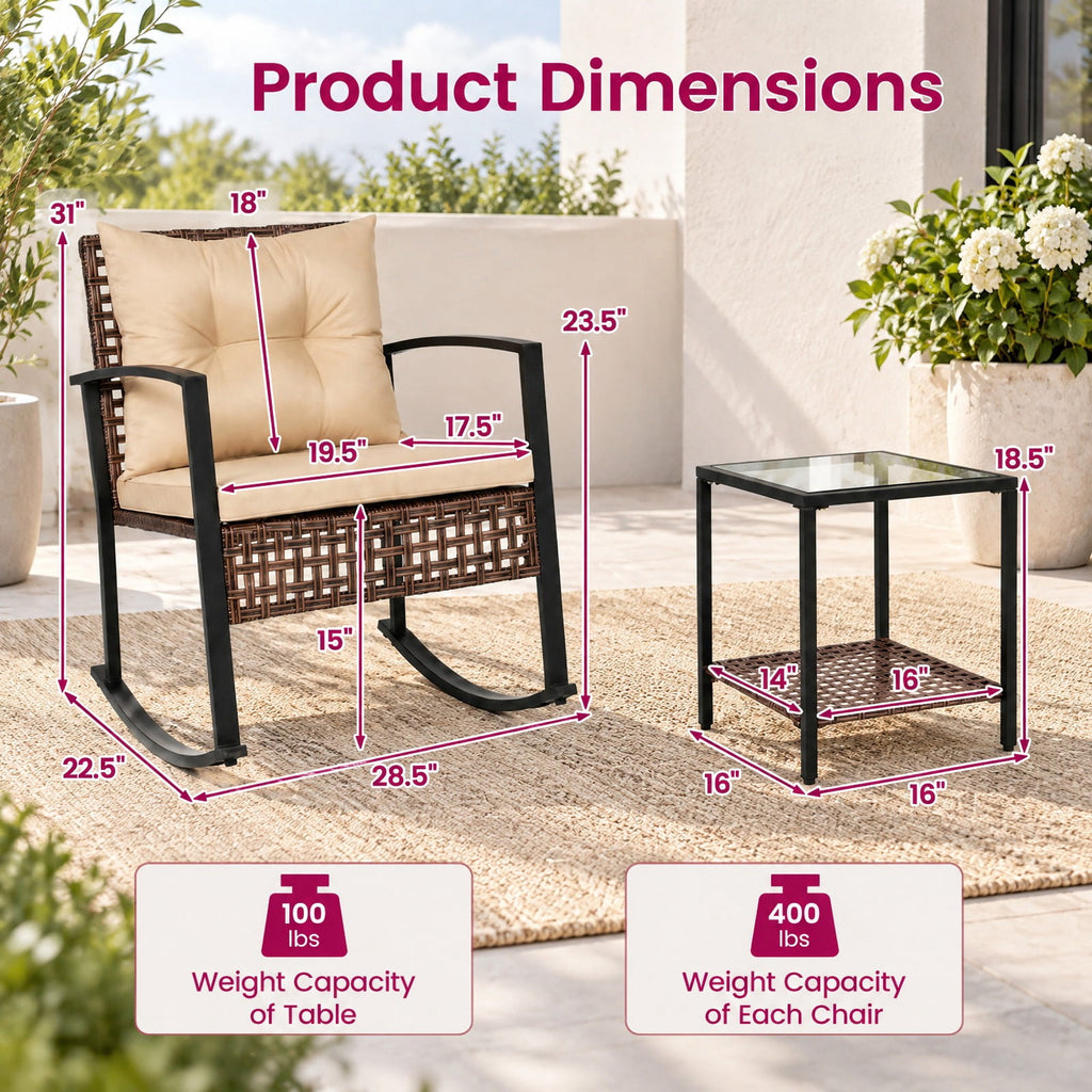 Airfind 3-Piece Outdoor Rocking Chair Set, 100 lbs Capacity, PE Rattan Metal Glass Polyester Non-woven Fabric Sponge Frame, Brown