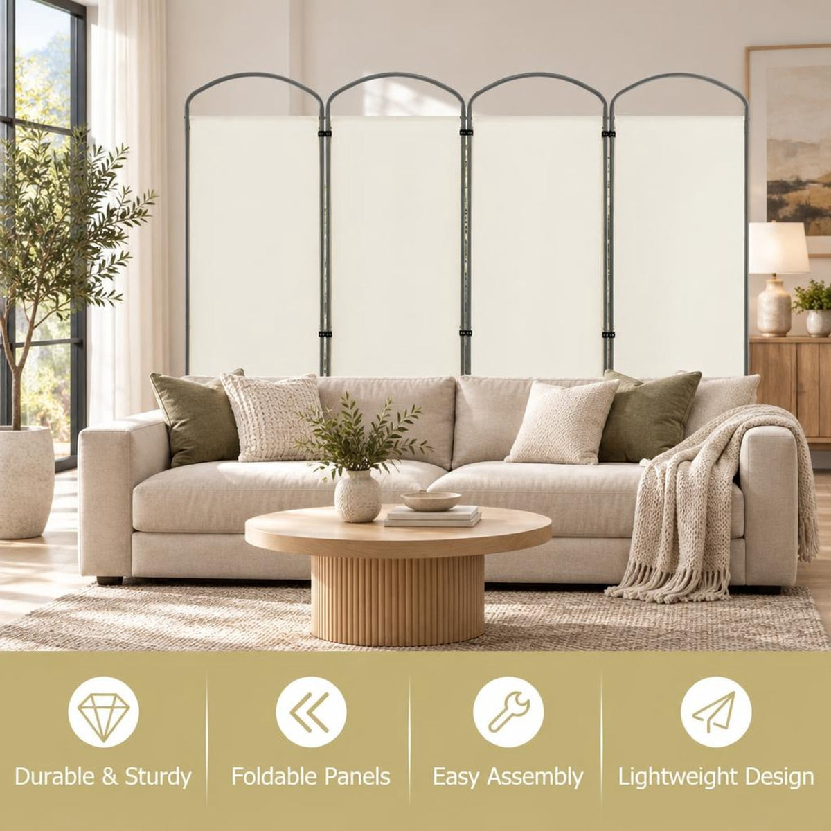 Airfind 6.2Ft Folding 4-Panel Room Divider for Home Office Living Room, Polyester Metal Frame, 87 x 20 x 74 Footprint, White