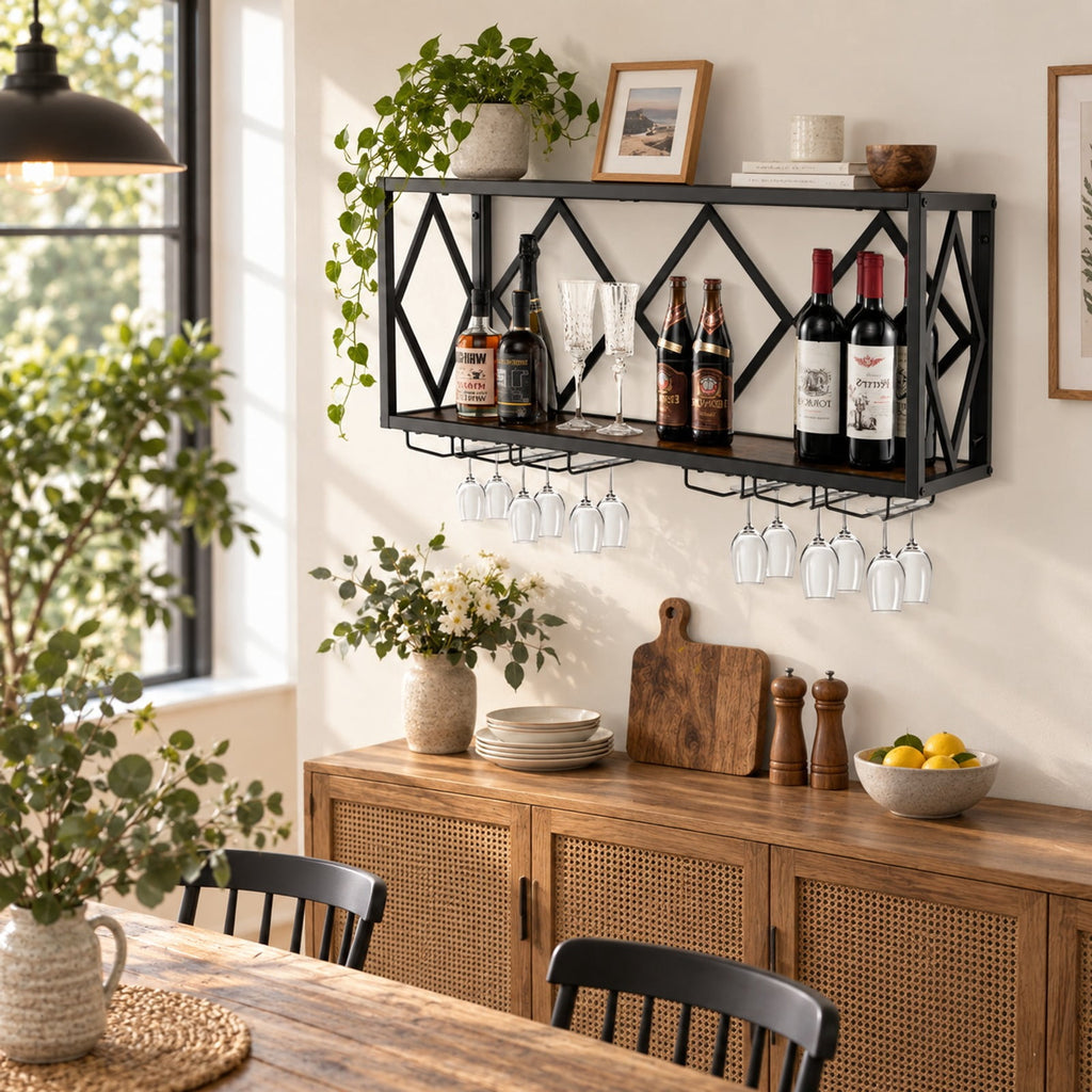 Airfind Wall Mounted Wine Rack for 39 Bottles and 12 Glasses, Shelf 100 lbs Capacity, Metal Engineered Wood Frame, Rustic Brown Black
