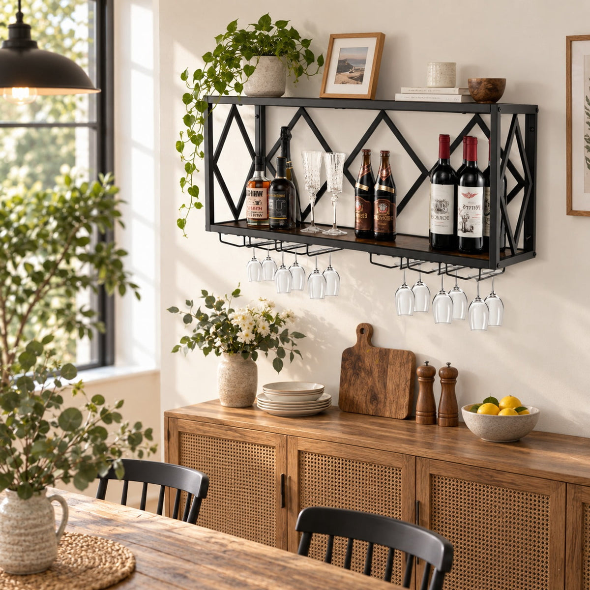 Airfind Wall Mounted Wine Rack for 39 Bottles and 12 Glasses, Shelf 100 lbs Capacity, Metal Engineered Wood Frame, Rustic Brown Black