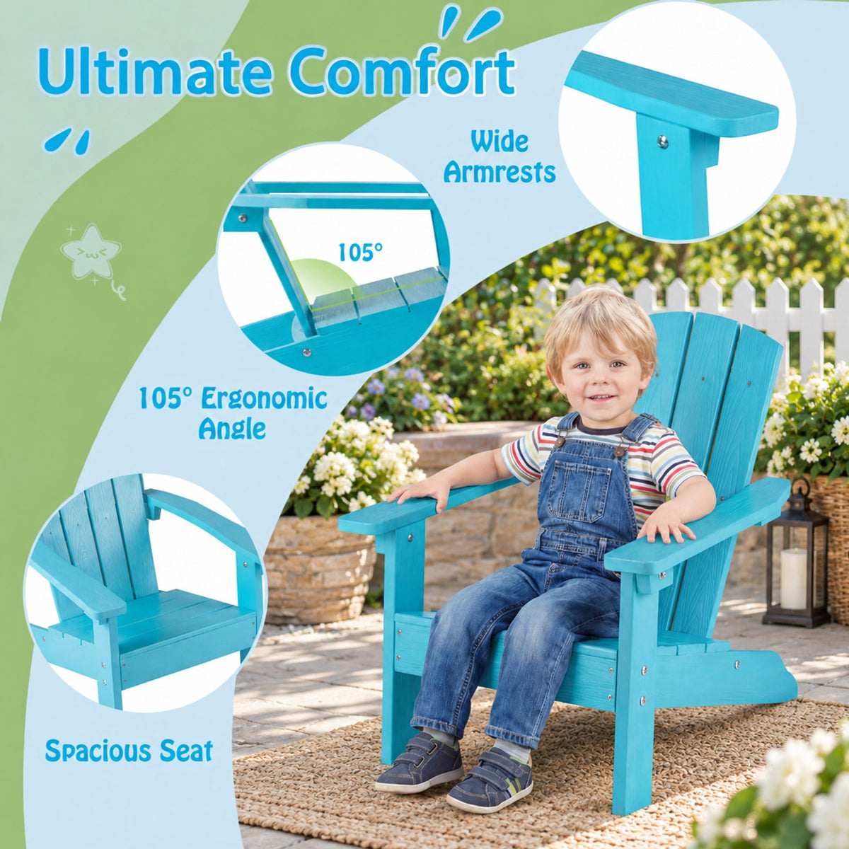 AIRFIND Kids Adirondack Chair with Slatted Back, Wide Armrests and Reinforced Base, HIPS Outdoor Seat for Ages 3 to 8, 165 lb Capacity, Turquoise