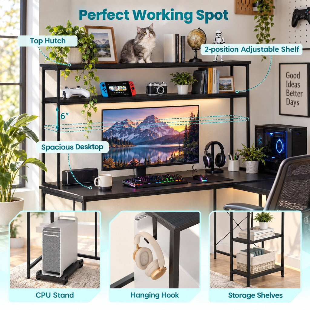 Airfind L-Shaped Reversible Gaming Desk with LED Strip and Power Outlets Hutch Monitor Stand, 310 lbs Capacity, Engineered Wood Metal Frame, Black