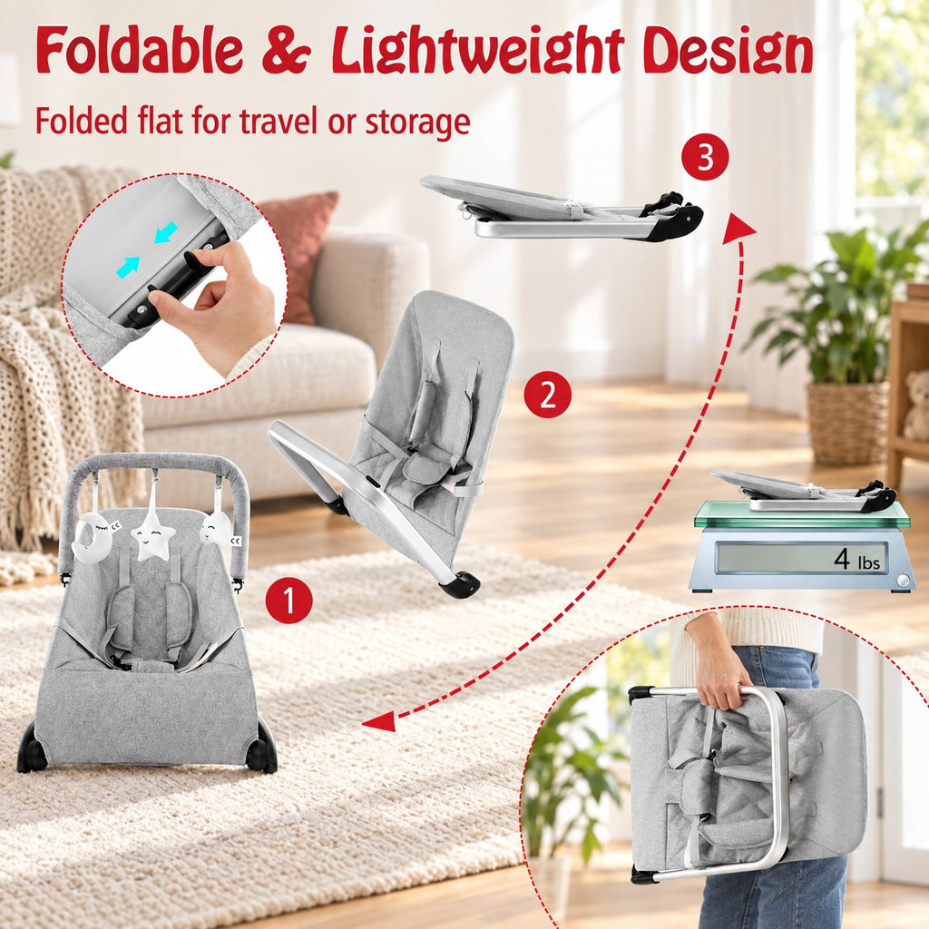 Airfind Foldable Baby Bouncer with Removable Fabric Cover and Toy Bar, 20 lbs Capacity, Fabric Aluminum Metal Frame, 19 x 21 x 20 Footprint, Gray