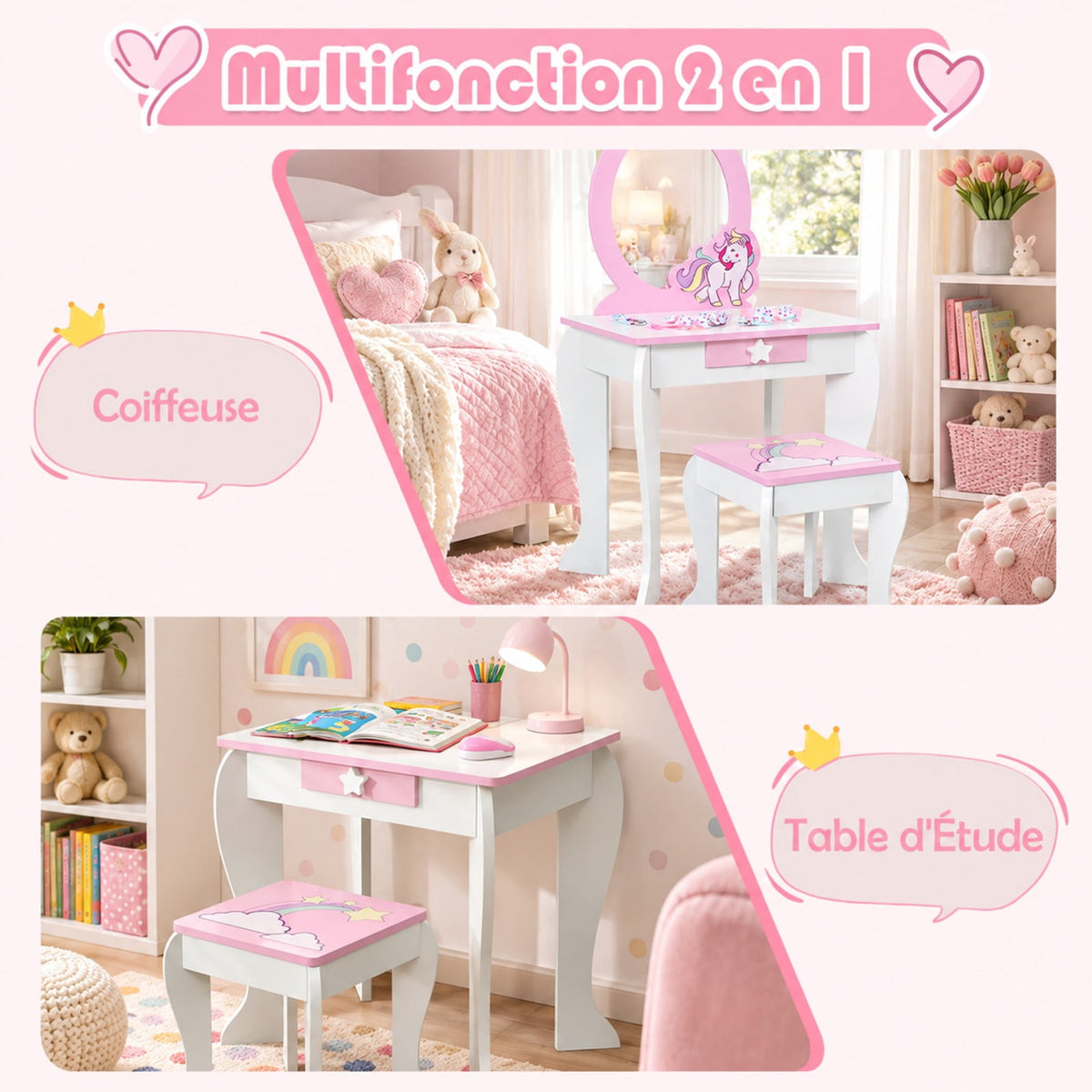 Airfind Kids Wooden Makeup Dressing Table and Chair Set with Mirror and Drawer, MDF Frame, 19 Inch x 14 Inch x 35 Inch Footprint, White