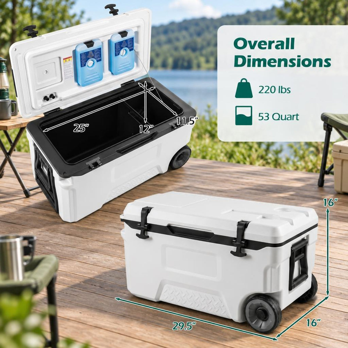 Airfind 53 Quart Portable Rolling Cooler with Fish Ruler for Outdoor, PP PU HDPE TPE Frame, 29.5 x 16 x 16 Footprint, White