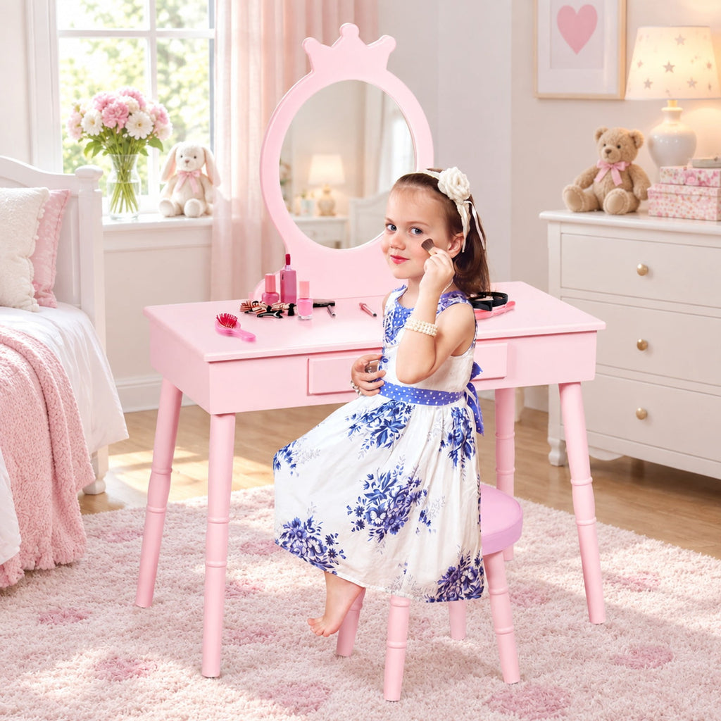 Airfind Kids Vanity Makeup Table and Chair Set Make Up Stool, 33 lbs Capacity, MDF pine wood Frame, 27.5 Inch x 13.5 Inch x 40 Inch Footprint, Pink