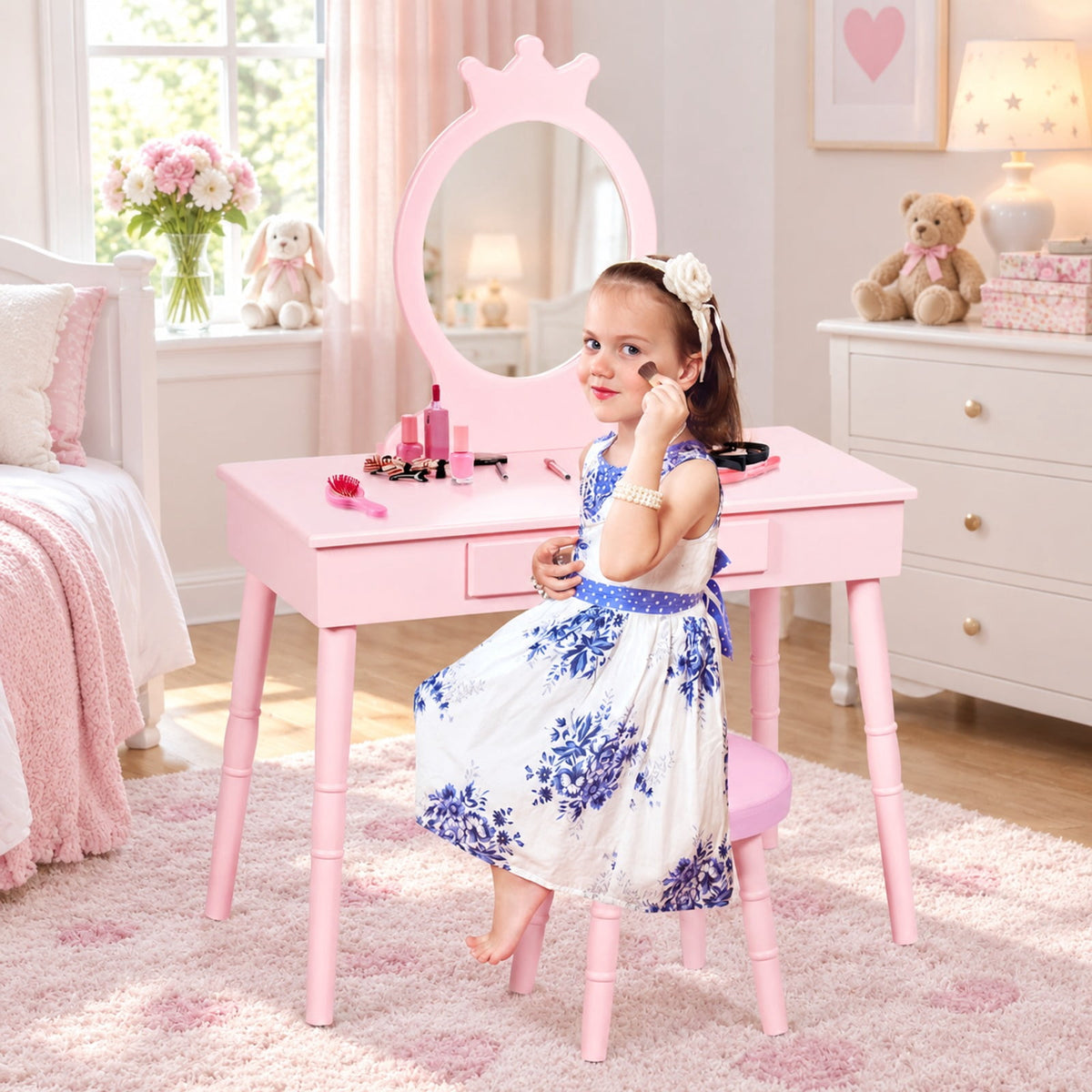 Airfind Kids Vanity Makeup Table and Chair Set Make Up Stool, 33 lbs Capacity, MDF pine wood Frame, 27.5 Inch x 13.5 Inch x 40 Inch Footprint, Pink