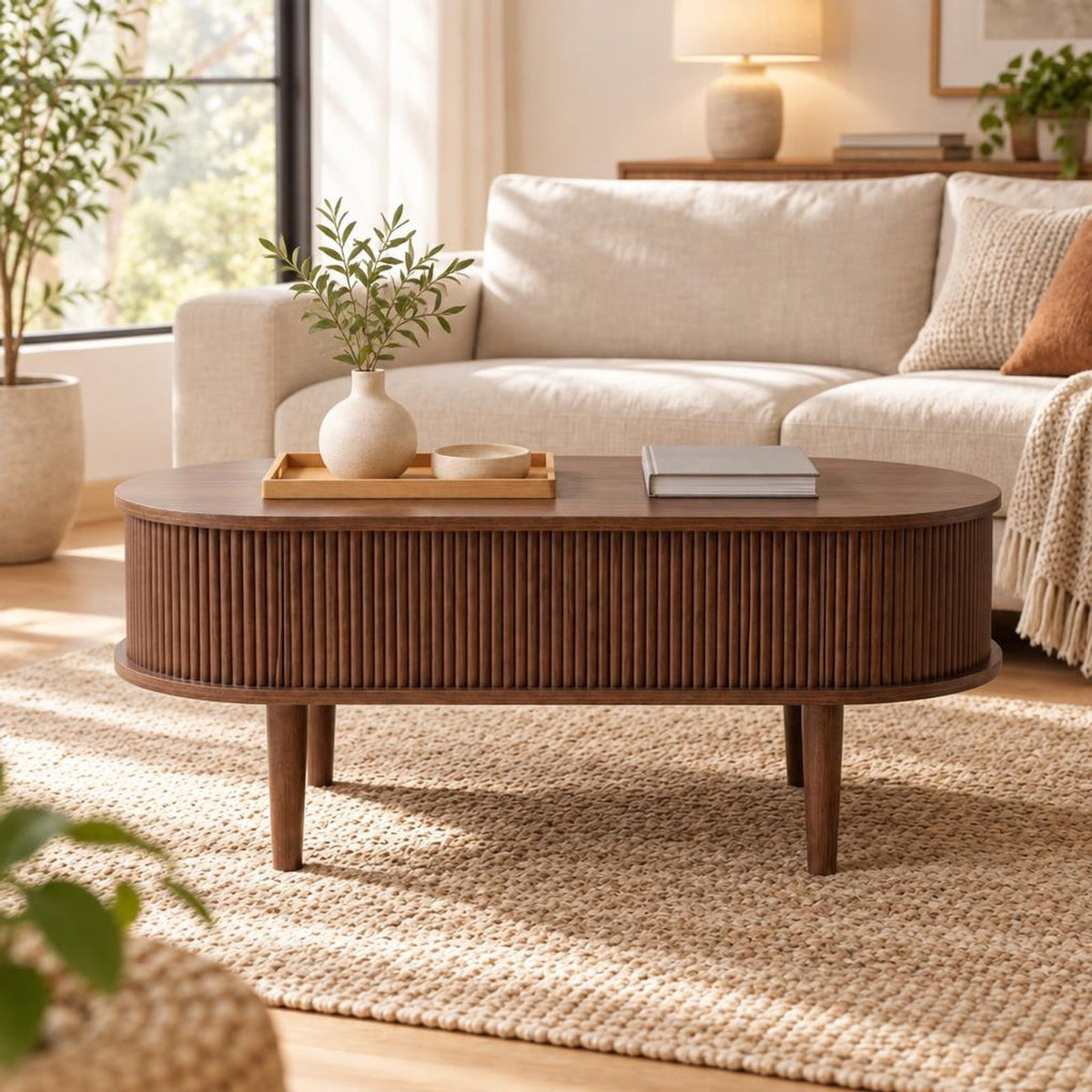 Airfind 43.5 Inch Oval Lift Top Coffee Table with Storage and Fluted Design for Living Room, 200 lbs Capacity, Engineered Wood Solid Wood Frame, Walnut