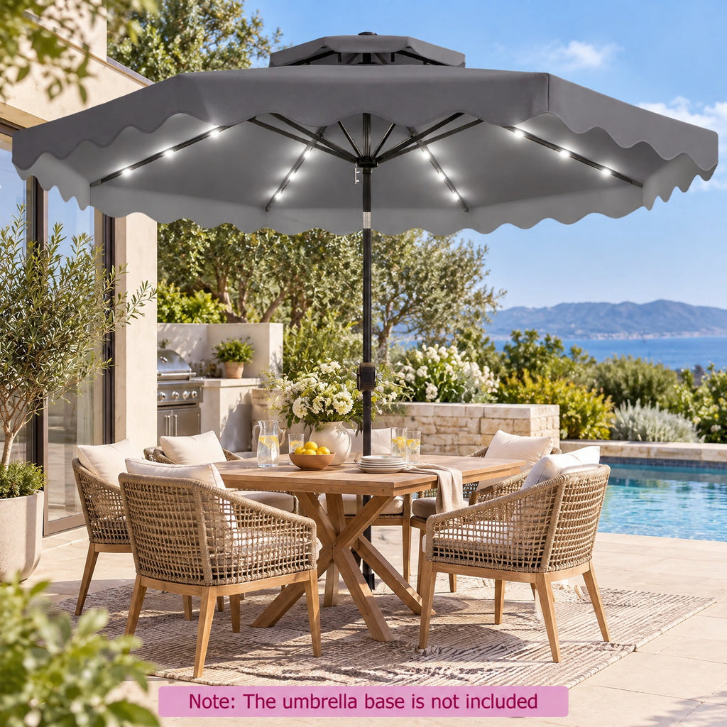 Airfind 9 FT Solar LED Patio Umbrella Push-Button Tilt and Crank 24 LED Lights and 8 Ribs, Polyester Fabric Metal Frame, 9 x 8.2 ft Footprint, Gray