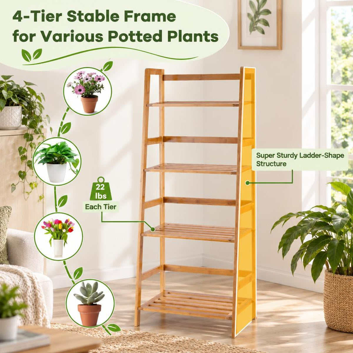 Airfind 4-Tier Bamboo Plant Rack with Guardrails Stable and Space-Saving, 22 lbs per tier Capacity, Bamboo Frame, 19 x 12.5 x 45 Footprint