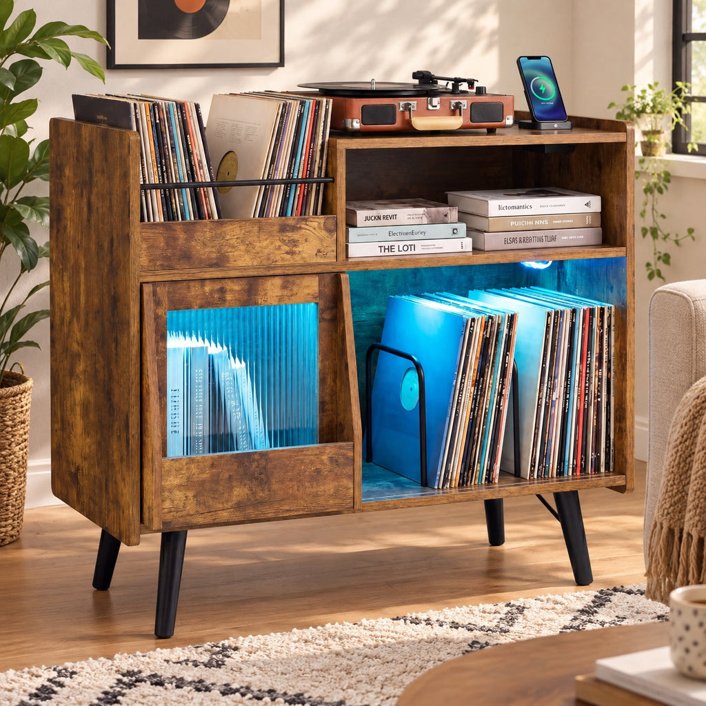 Airfind Record Player Stand with LED Light and Power Outlets, 66 lbs Capacity, Model JV14100US-CF