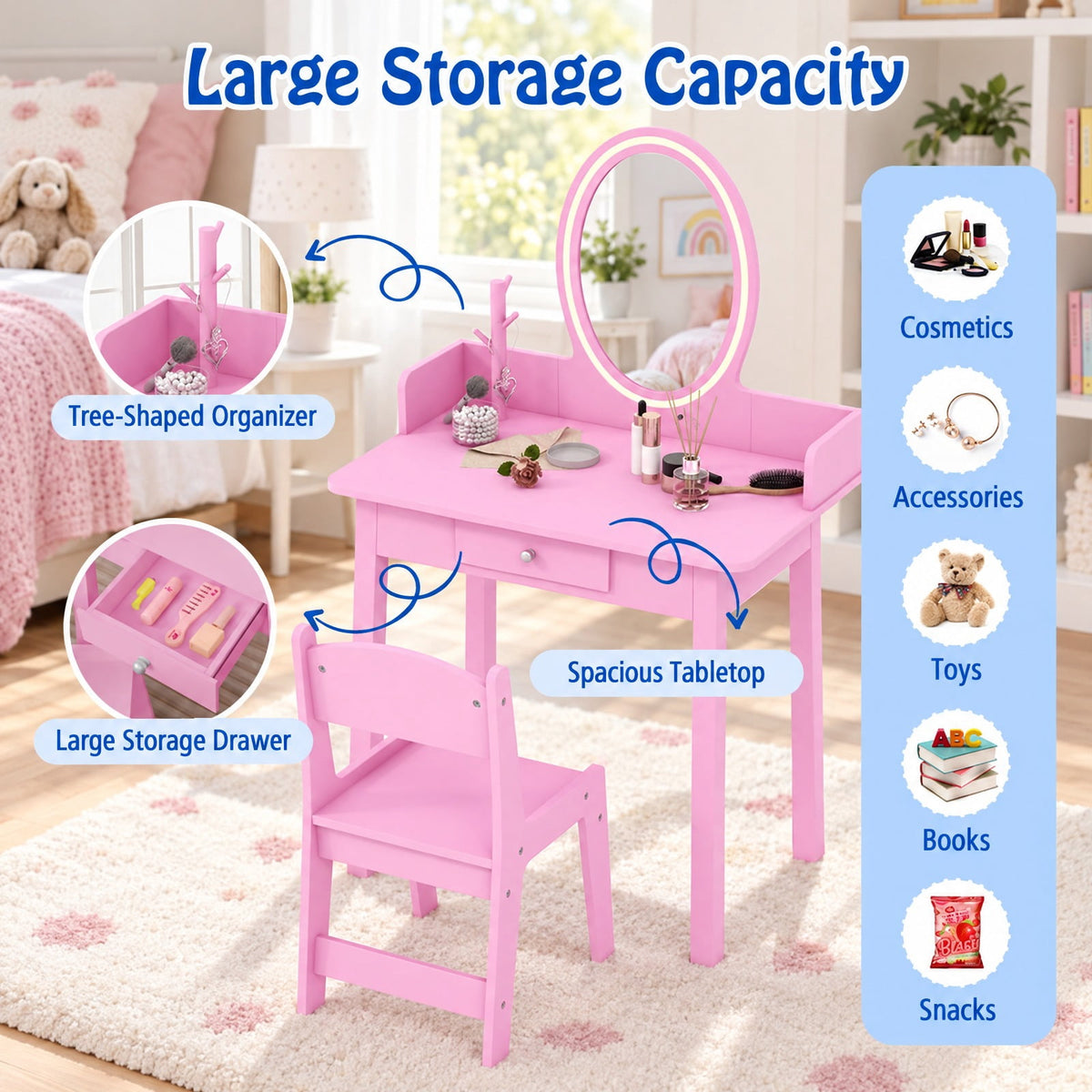 AIRFIND Kids Vanity Table and Chair with Lighted Acrylic Mirror, Drawer and Jewelry Organizer, Removable Mirror for Ages 3-8, Pink