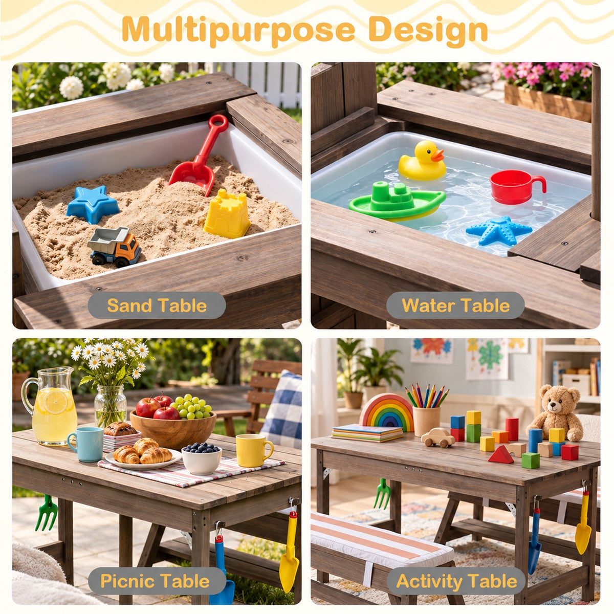 Airfind Outdoor Kids Wooden Picnic Table and Benches Set with Umbrella, 110 lbs Capacity, Fir Wood Nylon Fabric Sponge PP Frame, for 3+ Years Old