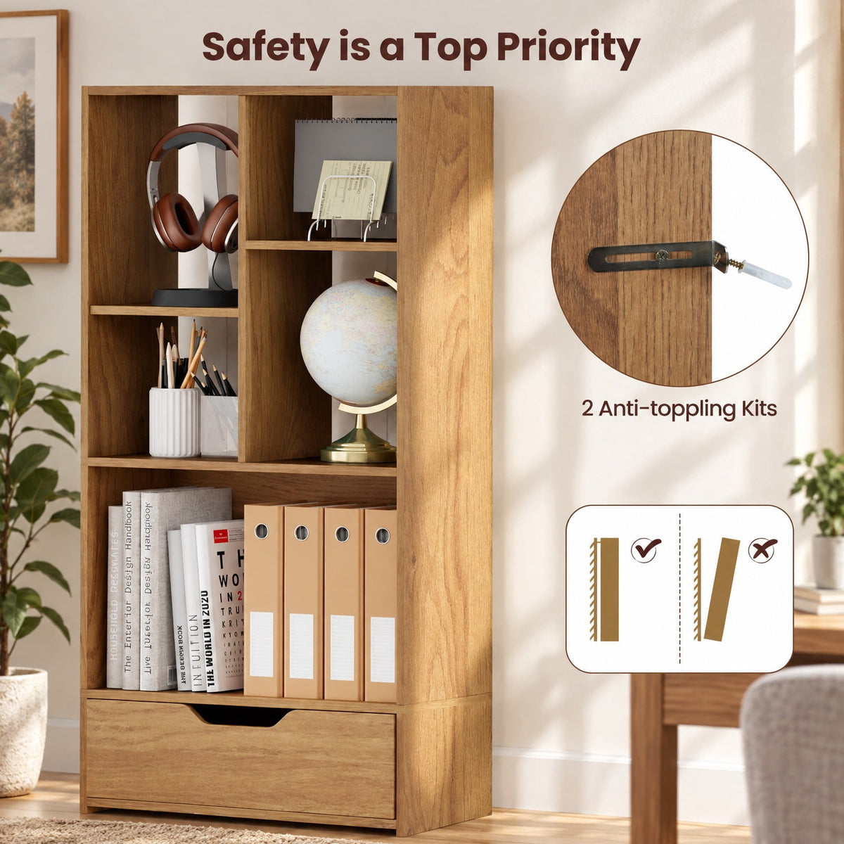 Airfind 71inch Tall Freestanding Bookcase with Drawer 10-Cube Storage Organizer, 205 lbs Capacity, Engineered Wood MDF Frame, Natural