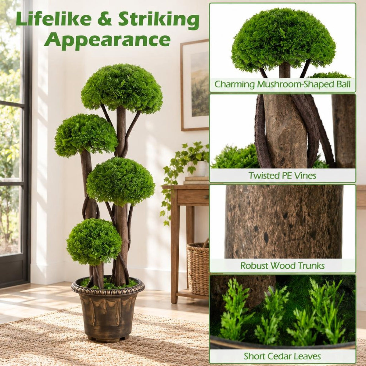 Airfind 3 FT Artificial Cypress Topiary Tree Realistic Greenery Plant with Spiral Vines and Real Wood Trunks, Wood