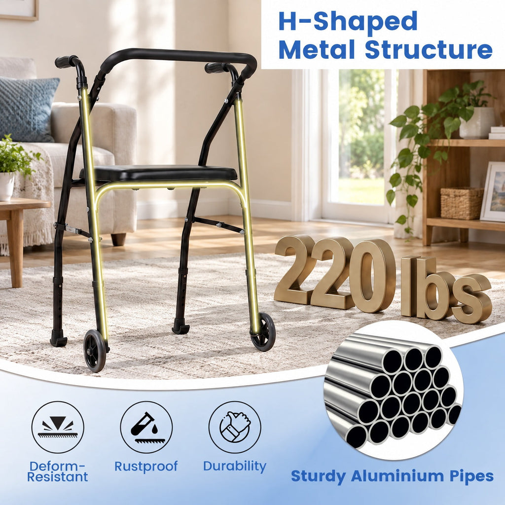 Airfind Lightweight Aluminum Mobility Walker for Seniors with 2 Wheels 5-Level Adjustable Height and Padded Seat, 220 lbs Capacity, Black