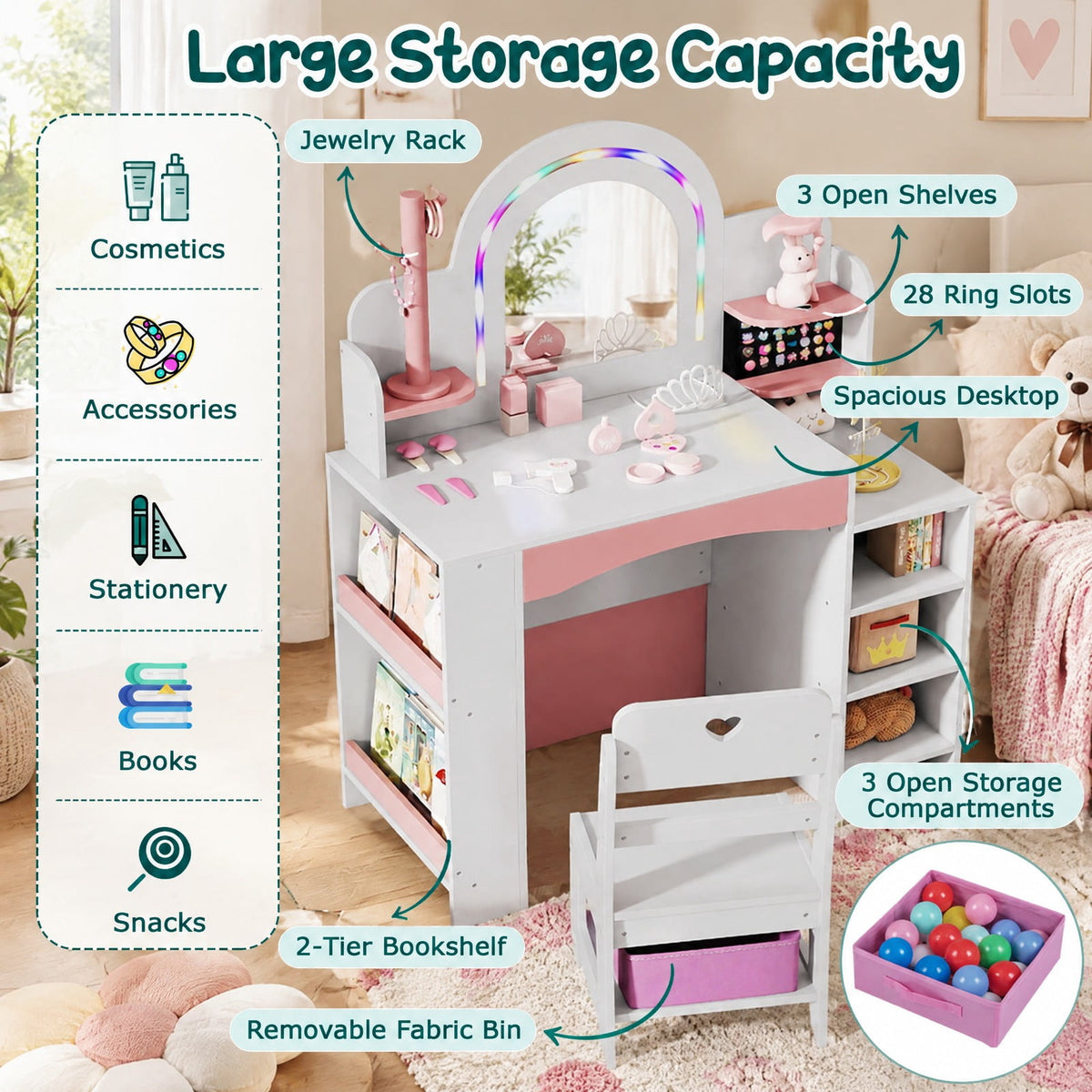 Airfind Kids Vanity Set with Colorful LED Lights Princess Makeup Dressing Table with Chair, 110 lbs Capacity, MDF Frame, 34in x 15.5in x 41in Footprint