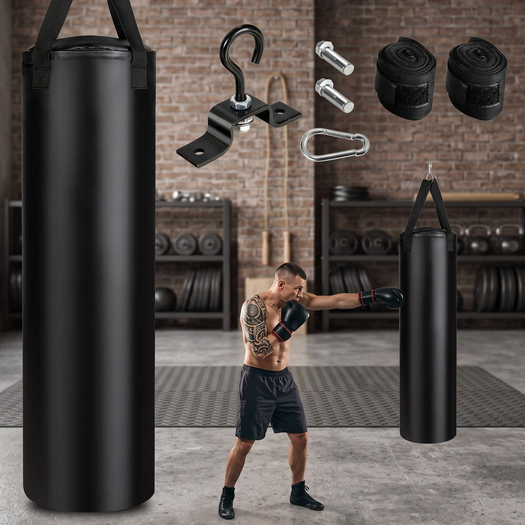 Airfind 63 lbs Filled Punching Bag Set with Boxing Gloves and Hand Wraps, Heavy Duty PVC Leather Freestanding Hanging Boxing Bag for Karate Muay Thai MMA, Black